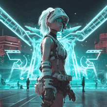 a woman in a futuristic outfit is standing in front of a glowing sign that says ' a ' on it