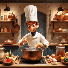 a chef is whisking something in a pot with a wooden spoon