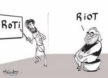 a cartoon of a man pointing to a sign that says roti