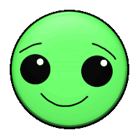 a green smiley face with big eyes and a smile on it