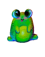 a green frog with big eyes and a pink cheek