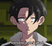 a cartoon character with the words " pojebana jestes jakas " on the bottom right