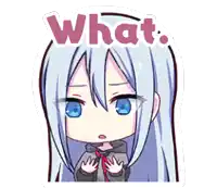 a cartoon drawing of a girl with long white hair and blue eyes asking what .