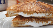 a peanut butter and marshmallow grilled cheese sandwich is cut in half on a white plate