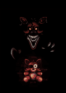 a teddy bear is sitting in front of a drawing of a nightmare foxy