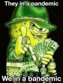 a cartoon of spongebob wearing a green hat and holding a fan of money .