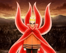 naruto is wearing a red cloak with a crown on his head and a red tail .