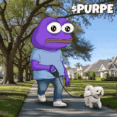 a purple frog is walking a small white dog on a leash and the word purpe is above him