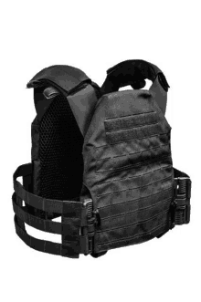 a black tactical vest is sitting on a white background .