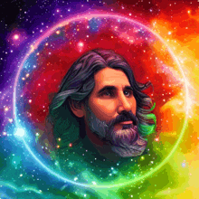 a man with a beard is surrounded by a rainbow colored circle