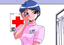 a pixel art of a nurse with a name tag that says ' ao ' on it