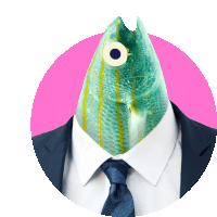 a man in a suit and tie has a fish head instead of his head