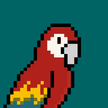 a pixel art of a red parrot with a yellow tail on a blue background