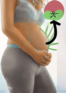 a pregnant woman holds her belly with a green arrow pointing up