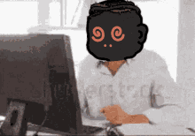 a cartoon of a man sitting in front of a computer with the word shutterstock written on the wall behind him