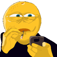 a yellow smiley face is smoking a cigarette while looking at his phone