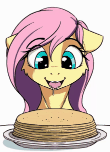 a cartoon of a pony with a stack of pancakes in front of it