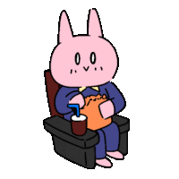 a cartoon rabbit is sitting in a chair eating popcorn and drinking soda