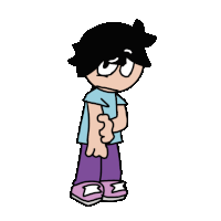 a cartoon of a boy wearing a blue shirt and purple pants is standing with his hands on his hips .