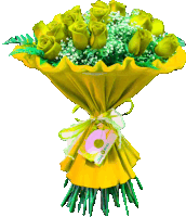 a bouquet of yellow roses is wrapped in yellow paper and has a tag that says bella rosa on it