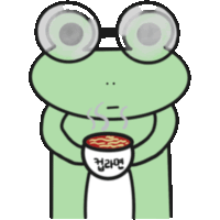 a frog with glasses holds a cup of soup