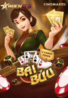 a poster for a game called bai buu shows a woman holding cards