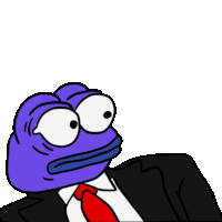 a purple frog is wearing a suit and tie and looking at the camera .