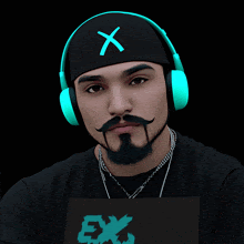 a man with a beard wearing headphones and a hat with a x on it