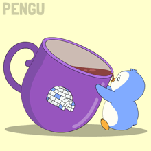 a penguin is drinking from a purple mug with an igloo on the side