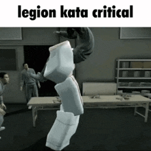 a man is jumping in the air in a video game with the words legion kata critical above him .