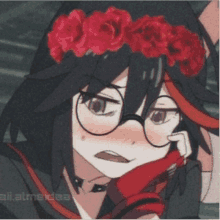 a girl with glasses and a crown of red roses