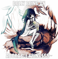 a drawing of a girl holding a baby with the words dolly being an adorable princess below her