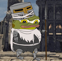 a cartoon of a frog wearing a knight 's armor and holding a spear