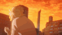 a man stands in front of a sunset sky with buildings in the background