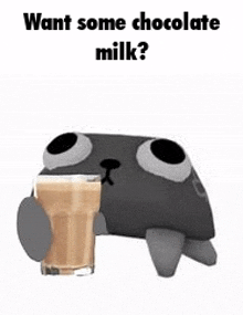 a dog is holding a glass of chocolate milk .