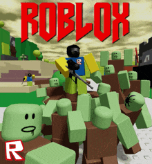 a poster for roblox shows a man holding a paintball gun surrounded by zombies