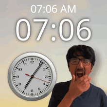 a man yawning in front of a clock that reads 7:06