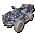 a blue atv with a large tire on a white background .