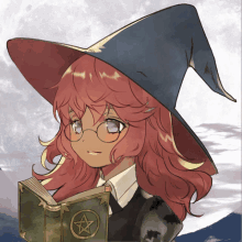 a girl in a witch hat is reading a book with a pentagram on the cover