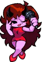 a cartoon girl with horns is holding a microphone