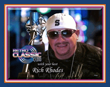 a man wearing sunglasses and a hat with the letter s on it stands in front of a microphone and says retro classic hits