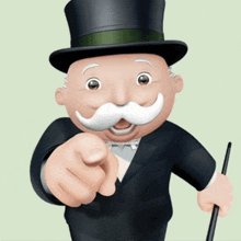 a monopoly man with a top hat and cane points at the camera