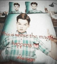 a bedding set with a picture of a boy and the words " his is where the magic happens "