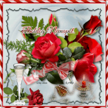 a greeting card with red roses and a candle says boldog nanapot