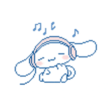 a pixel art drawing of a bunny wearing headphones and listening to music .