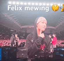 a man in a black hoodie stands in front of a crowd and says felix mewing on the bottom