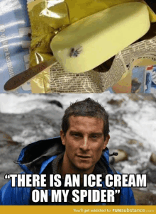 a picture of a man next to an ice cream bar with the caption " there is an ice cream on my spider "