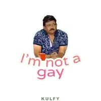 a man is sitting at a table with the words " i 'm not a gay " written above him