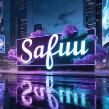 the word safuu is on a neon sign in a city