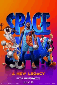 a movie poster for space jam a new legacy shows lebron james holding a basketball .